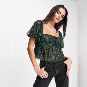 Free People Green and Blue Penelope Top | Size S | Cottagecore | Babydoll